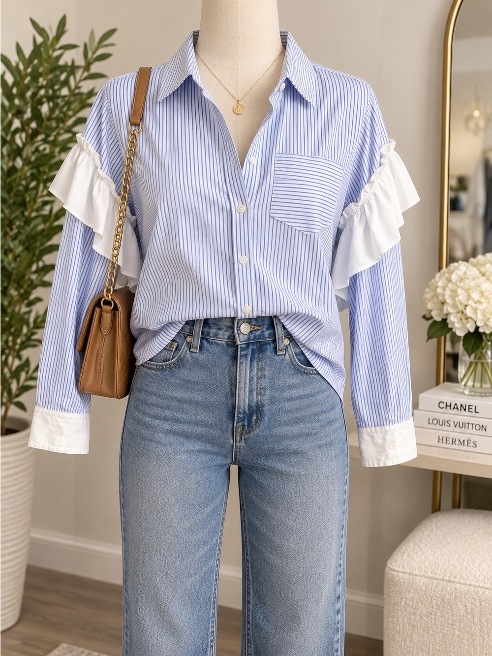 Abound Blue & White Striped Ruffle Button Down Shirt XS